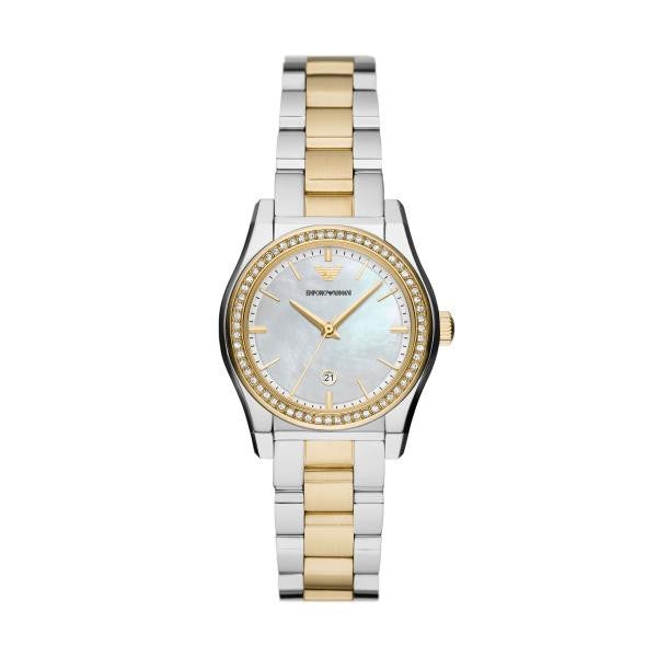 Emporio Armani Ladies Quartz S/S Two Tone Watch With Mother Of Pearl Dial AR11559