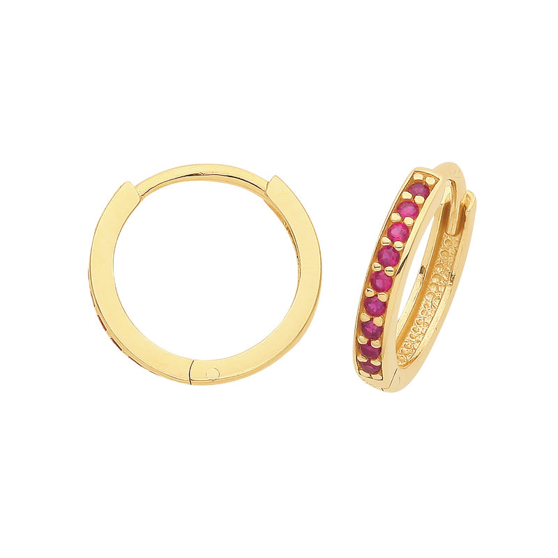 9ct Gold Red CZ Hinged Hoop Earrings