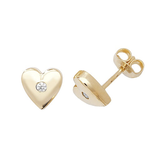 9ct Gold Heart with Single CZ Stud Earrings
