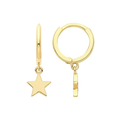 9ct Yellow Gold Plain Star Drop Hoop Earrings