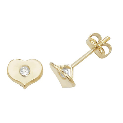 9ct Gold Heart With Single CZ Stud Earrings ES430