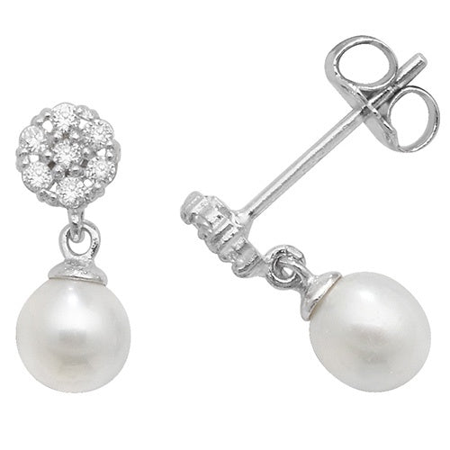 9ct White Gold Pearl CZ Drop Earrings