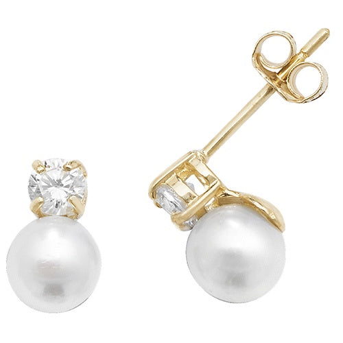9ct Yellow Gold Pearl CZ Stud Earrings