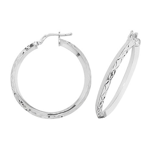Silver 25mm Diamond Cut Bevelled Hoop Earrings