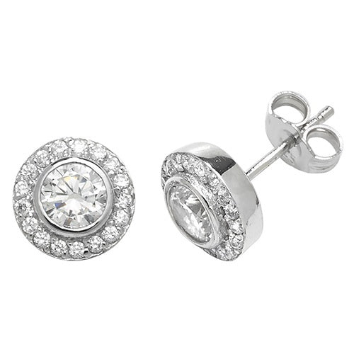 Silver Round CZ Stud Halo Set Earrings