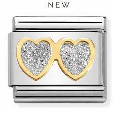 Nomination GLITTER Gold Double SILVER hearts charm 030220-01