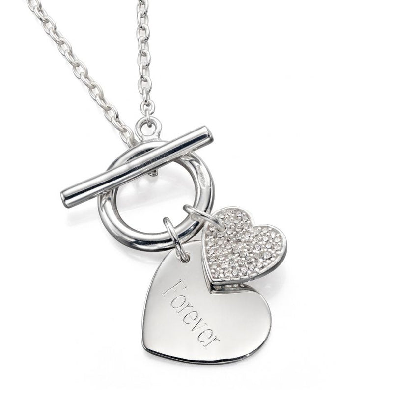 T-Bar Necklace With Double Heart Tags And CZ N4086C