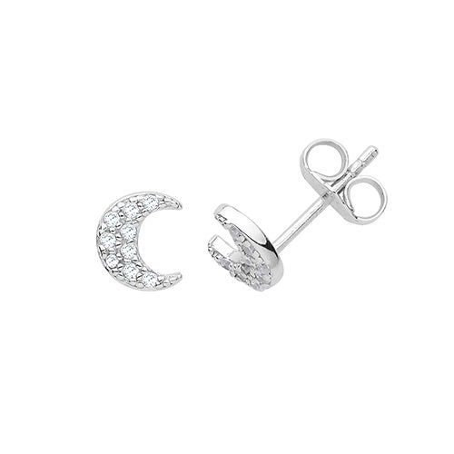 Silver CZ Moon Shaped Stud Earrings