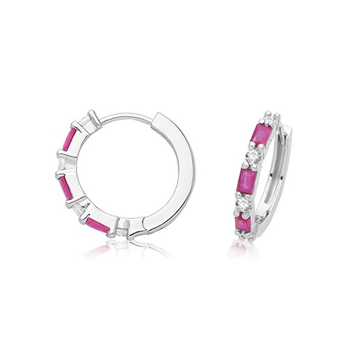 Silver Rhodium Plated Red CZ Hinged Hoop Earrings G51338RU