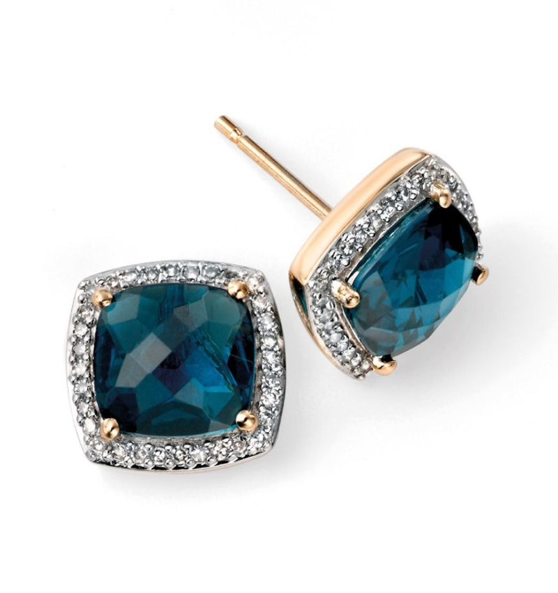 9ct Yellow Gold London Blue Topaz and Diamond Stud Earrings GE985T