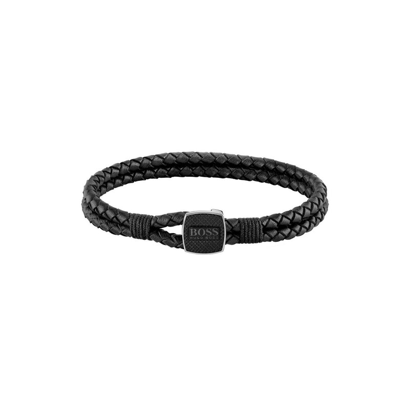 BOSS Seal Mens Black Leather Bracelet 1580047M