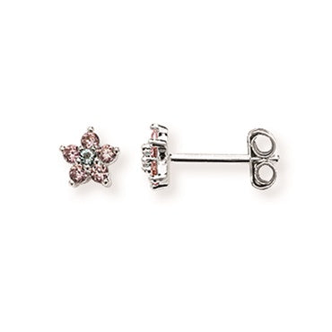 silver Pink CZ Flower Earrings