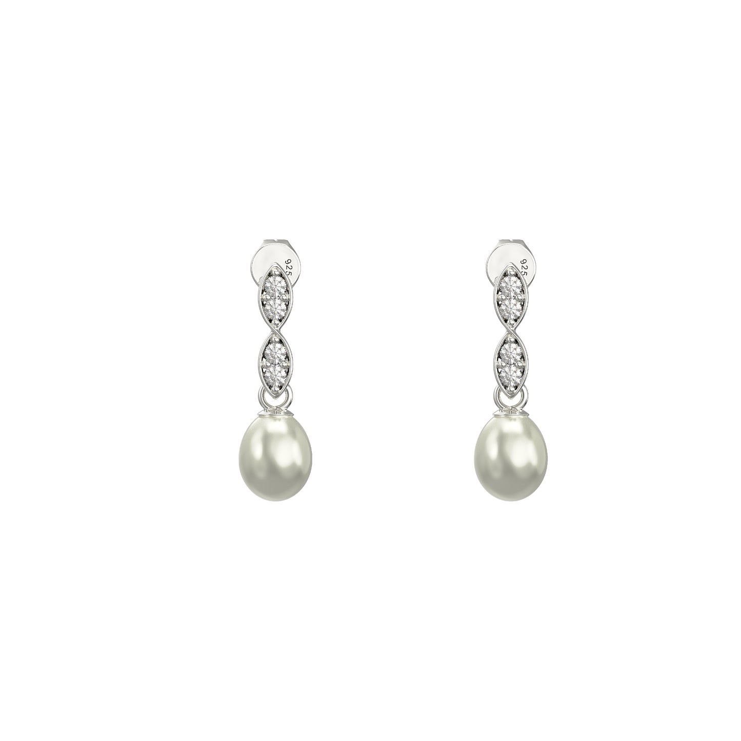 Sterling Silver Drop Pearl & CZ Earrings