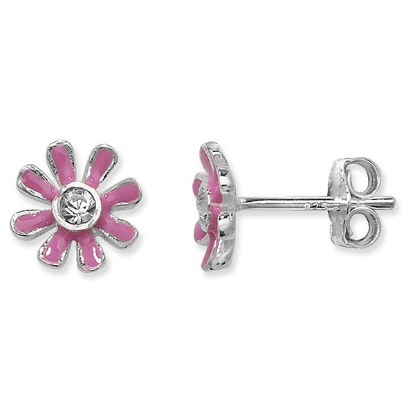 Silver Pink Enamel Flower Earrings