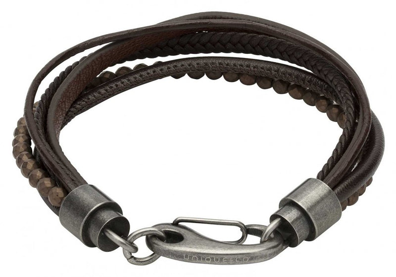 Unique & Co Gun Metal Brown Leather Bracelet B387DB