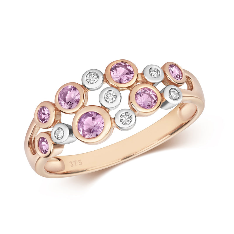 9ct Gold Diamond & Pink Sapphire Bubble Ring