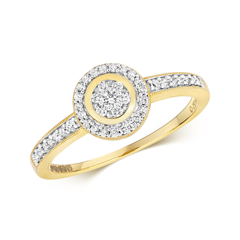 9ct Gold Diamond Halo Ring with Diamond Shoulders - RD525