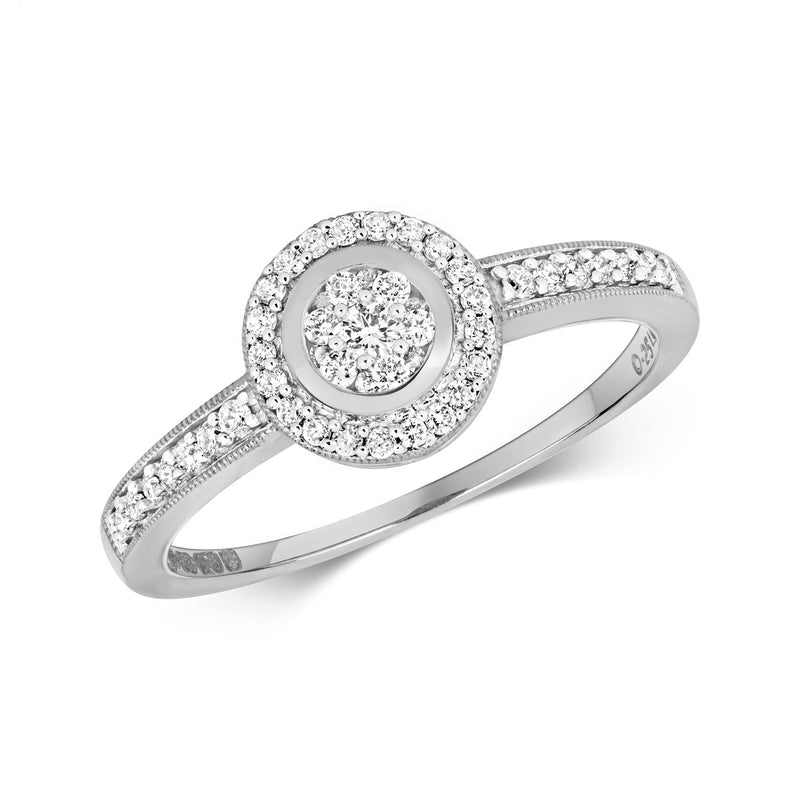 9ct White Gold Diamond Halo Ring with Diamond Shoulders - RD525W