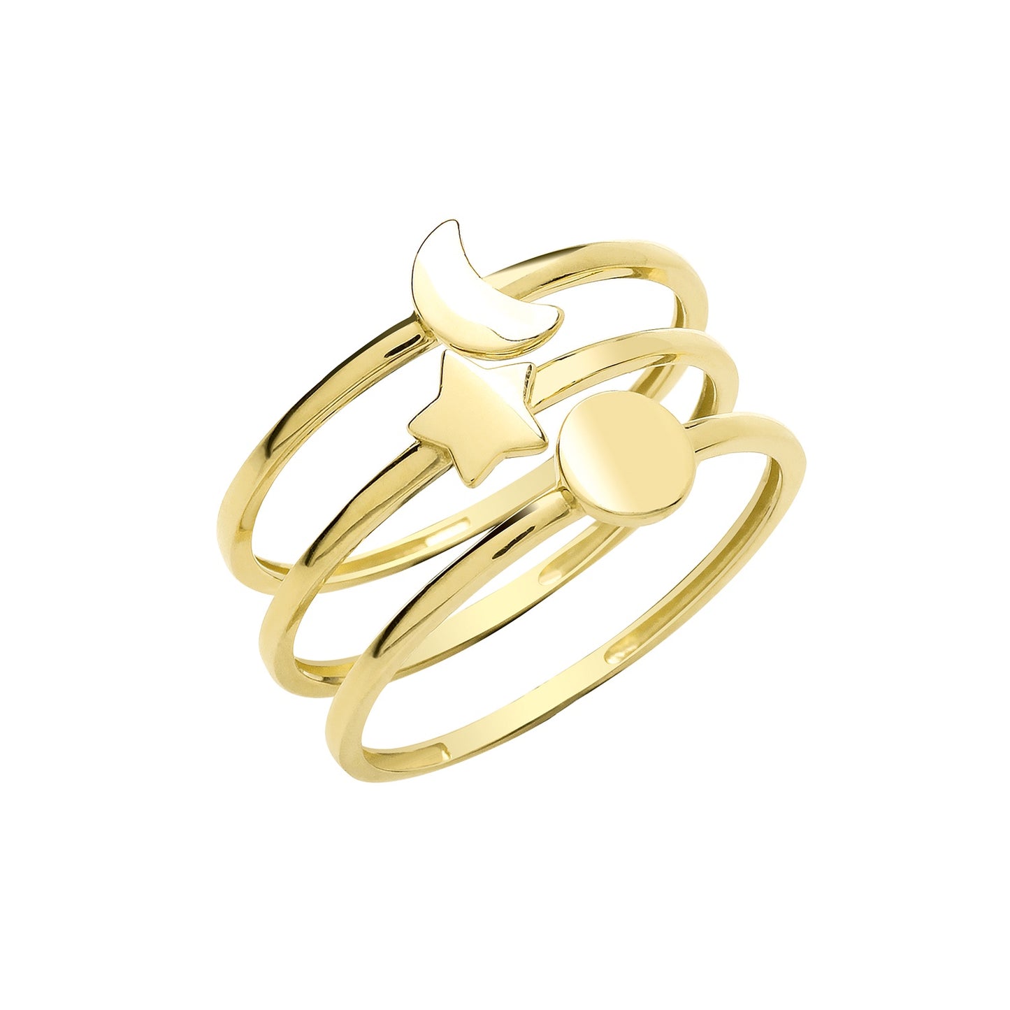 9ct Gold Set of 3 Rings - Moon, Circle & Star