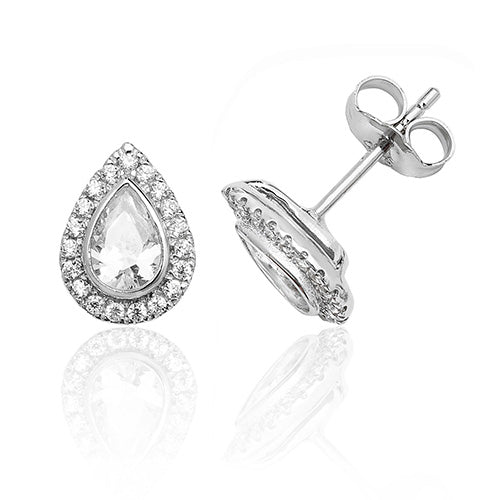 Silver Halo Pear Shape CZ Earrings