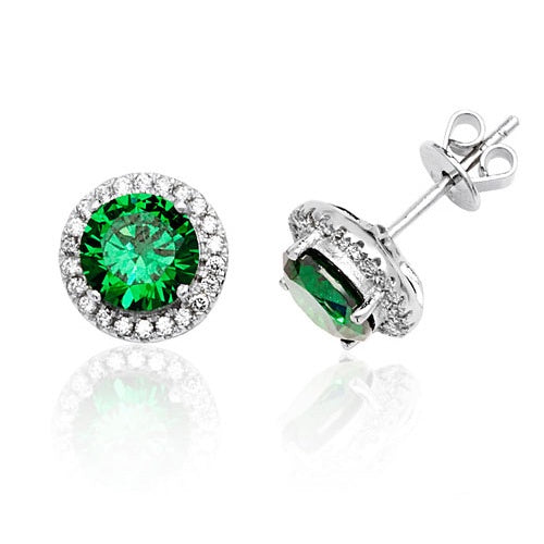 Silver Claw Set Halo Style Green CZ Stud Earrings SEG0009EM