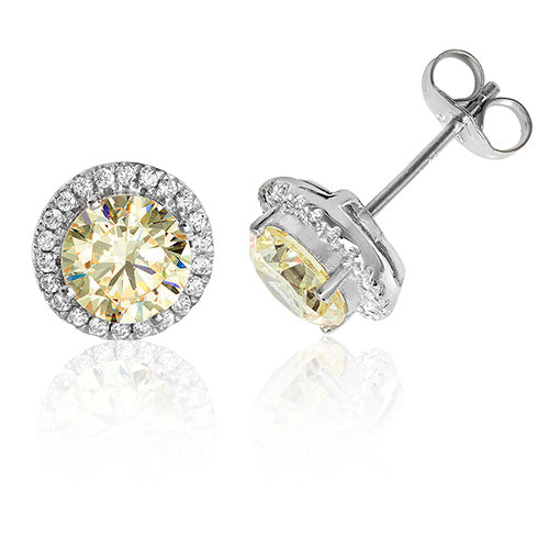 Silver Halo Yellow CZ Earrings
