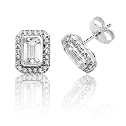 Silver CZ Emerald Cut Halo Earrings SEG0021CZ