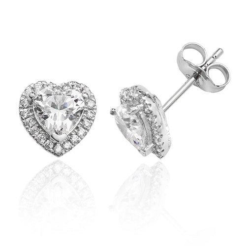 Silver Heart Shape Studs Halo Style SEG0023CZ