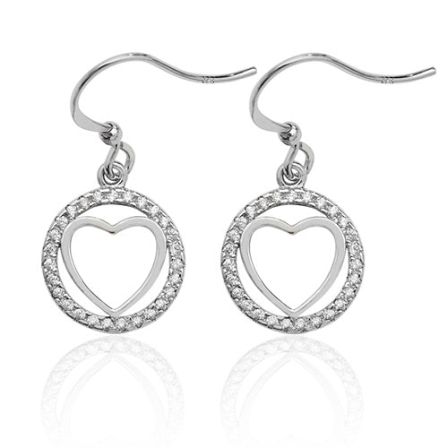 Silver Heart within CZ Pave Halo Drop Earrings