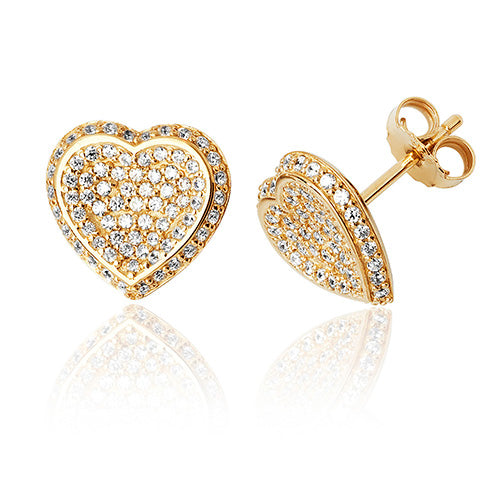 Yellow Gold Plated Pave CZ Heart Earrings