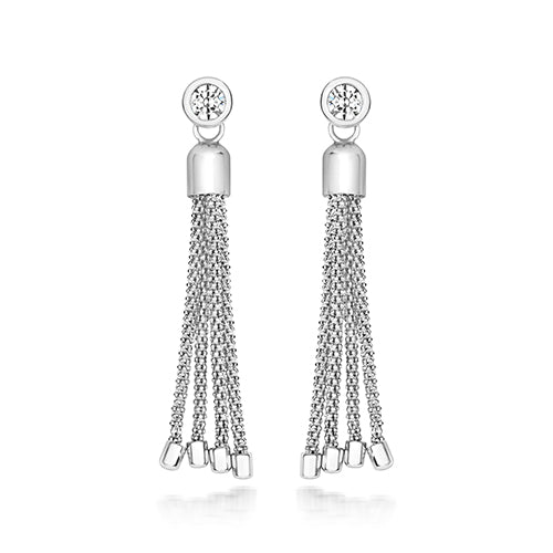 Silver Rub Over CZ Set Chain Tassel Earrings