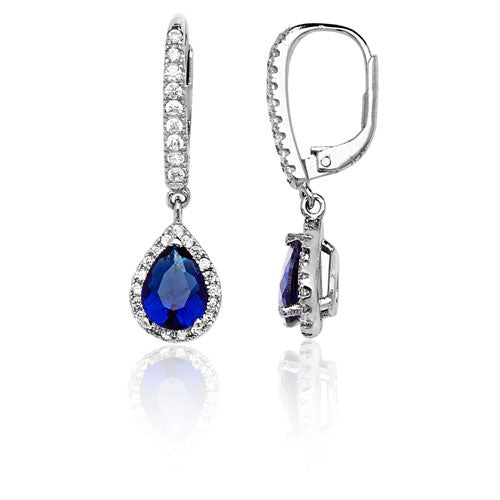 Silver Blue Pear shaped CZ Drop Earrings