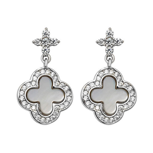 Mother of Pearl CZ Clover Drop Earrings