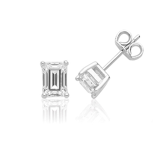 Silver & CZ Emerald Cut Claw Set Earrings