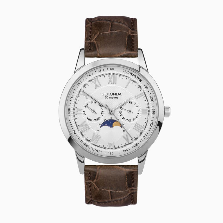 Sekonda Armstrong Moon Phase Gents Watch Silver Brown Leather Strap with Silver Dial - 30146
