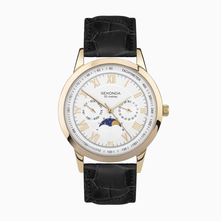 Sekonda Armstrong Moon Phase Gents Watch Gold Case Black Leather Strap - 30147