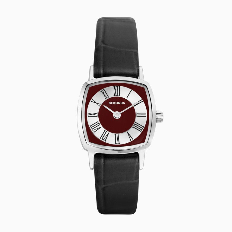 Sekonda 1970s Ladies Watch with Red Dial & Black Leather Strap 40376