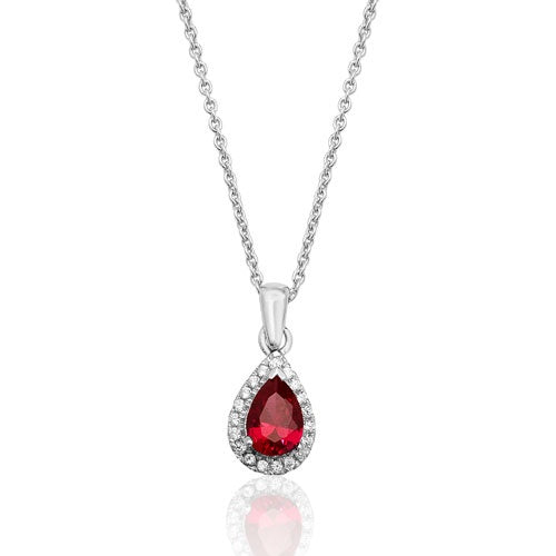 Silver Pear Shaped Pendant Halo Set Red CZ