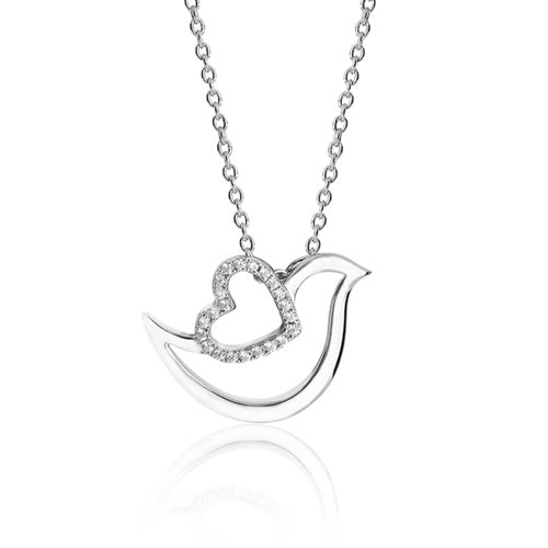 Silver Open Dove & Heart CZ Pendant