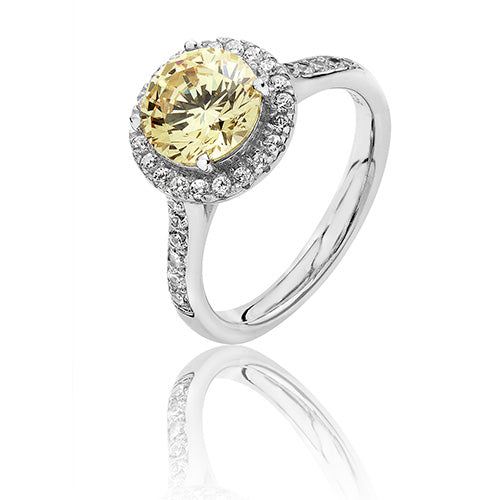 Silver Halo Yellow CZ Ring
