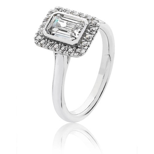 Silver Emerald Cut CZ Halo Style Ring