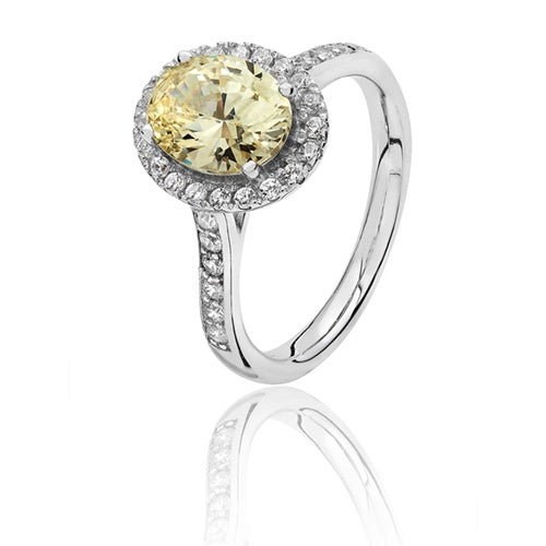 Silver CZ Yellow Oval Halo Ring