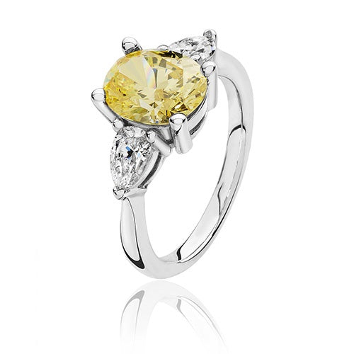 Silver 3 Stone Yellow CZ Oval & Pear Cut Ring