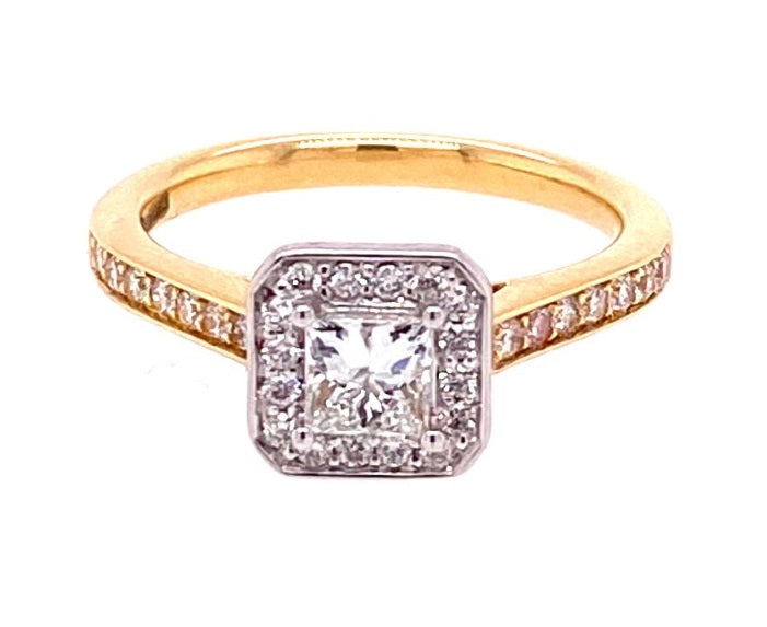 18ct Yellow Gold Princess Cut Halo Diamond Ring - ENG26093