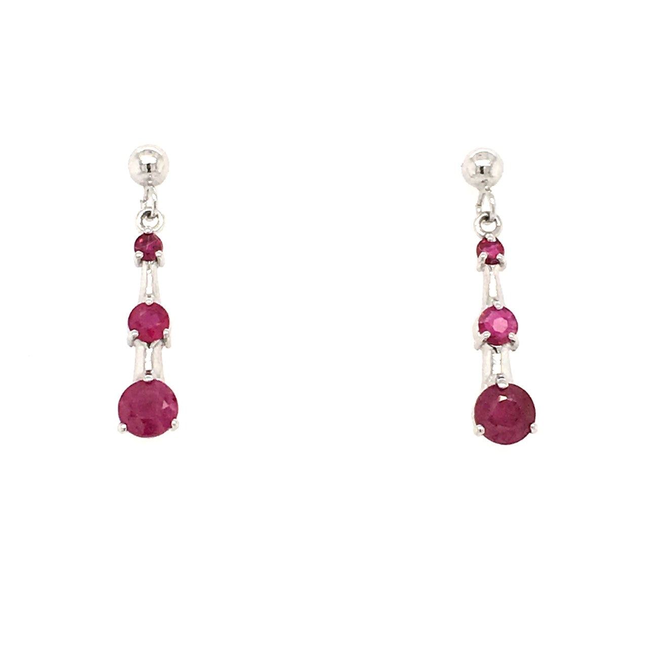 9ct White Gold 3 Stone Ruby Drop Earrings