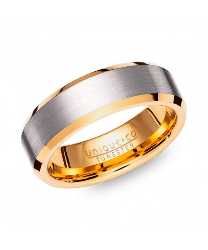 UNIQUE & CO TUNGSTEN 7MM MEN'S RING GOLD & SILVER FINISH WITH BEVELLED EDGE - TUR-142