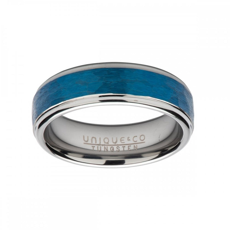 Unique & Co Tungsten Ring Hammered with Blue Plating 7mm TUR-117-64